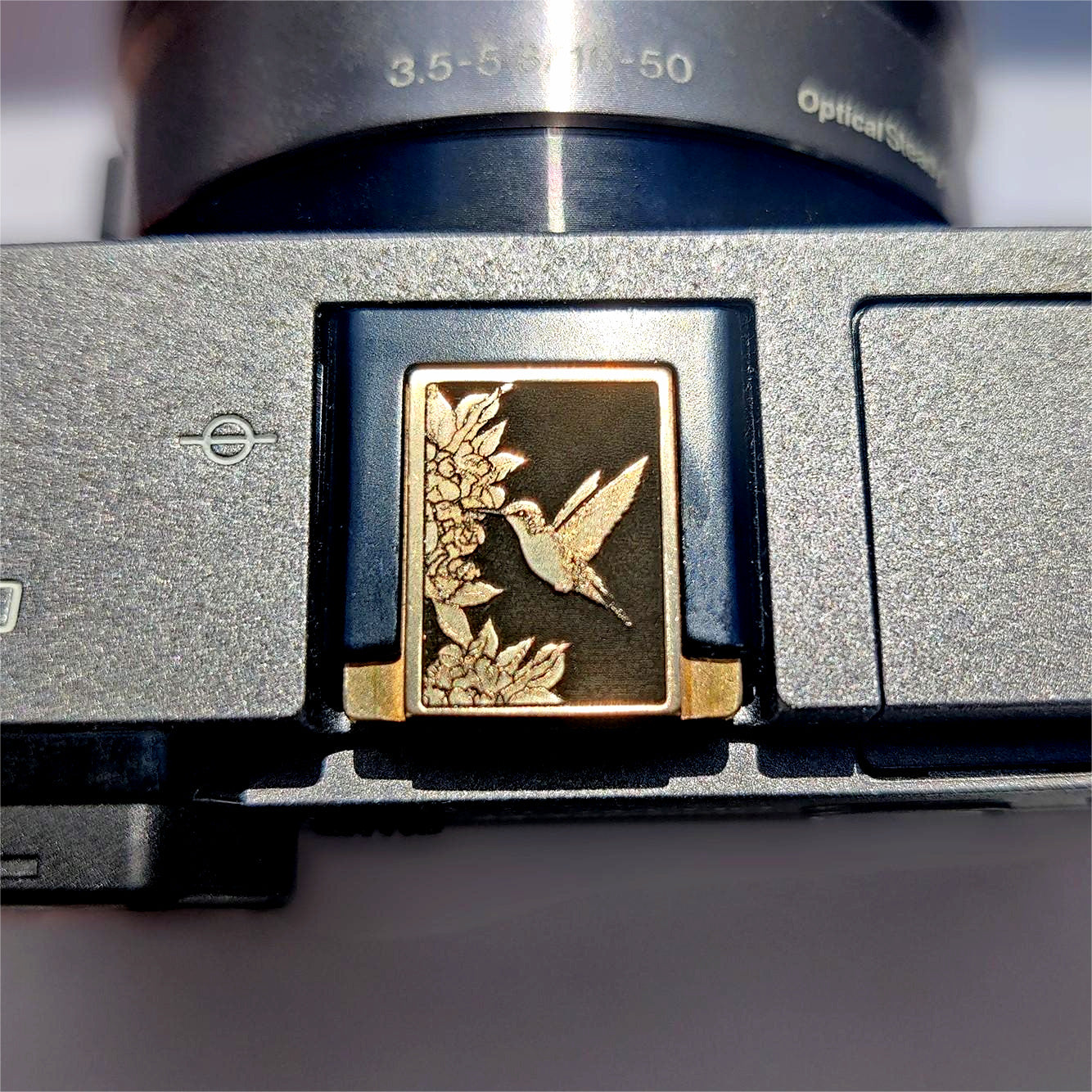 Custom Engraved Hummingbird Gold Camera Hot Shoe Cover