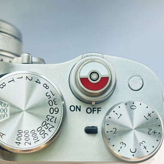 Close-up of engraved silver Poké Ball camera button