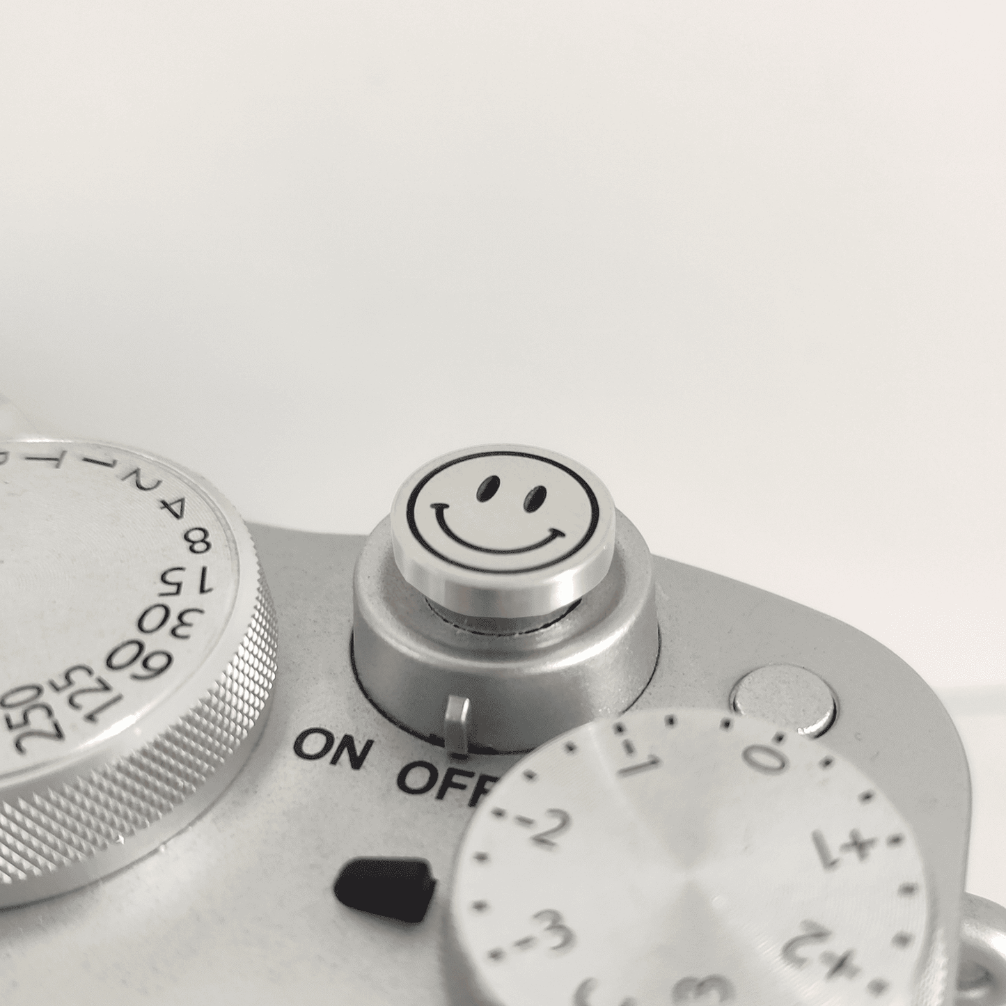 Close-up of silver shutter button on Leica camera