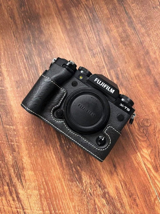 Fujifilm X-T5 camera with PU leather half case installed