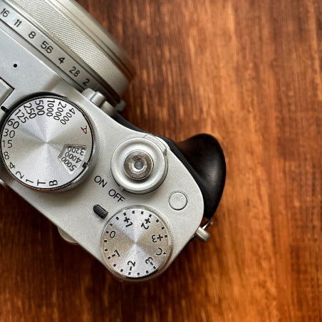 Close-up Fuji X100VI camera grip detail