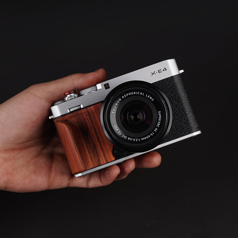 Wooden thumb grip for Fujifilm X-E4 – ergonomic camera accessory in rosewood finish