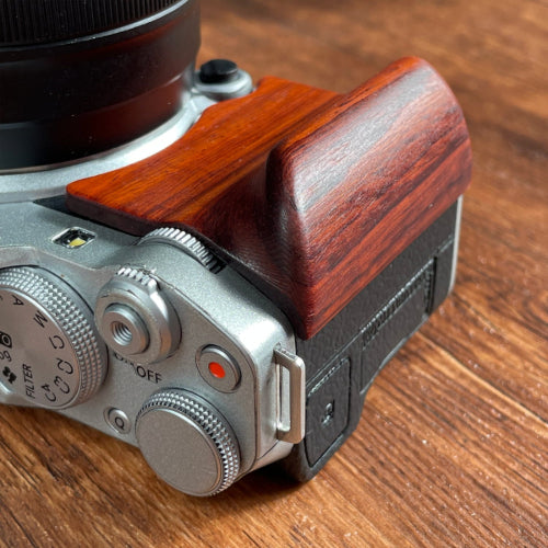 Fuji xm5 camera red wood grip detail