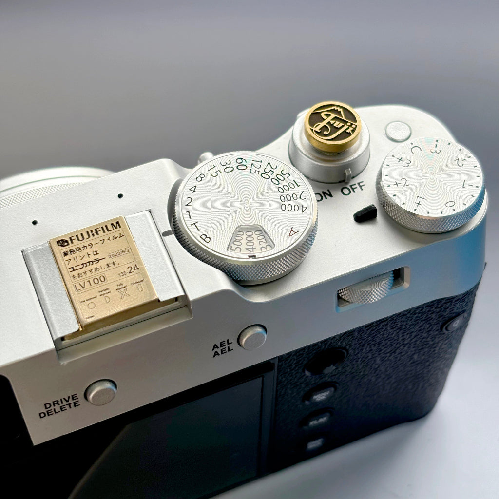 Custom Engraved Gold Hot Shoe Cover and soft release button for Fujifilm X100 Series