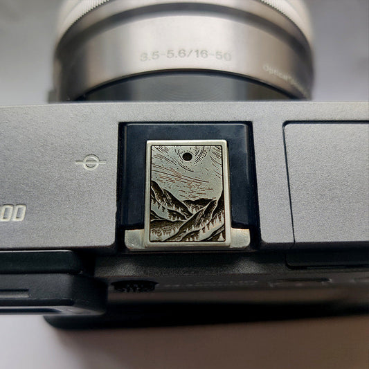 Custom Engraved Mountain Stream Silver Camera Hot Shoe Cover