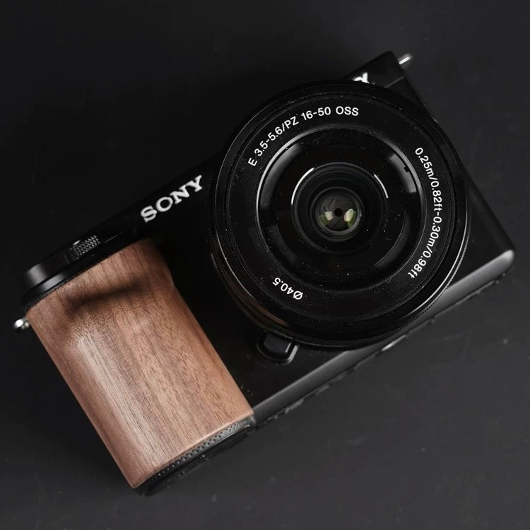Wooden ergonomic grip for Sony ZV-E10 with natural grain