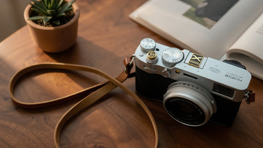 Fujifilm camera setup with soft shutter button hot shoe cover thumb grip and leather strap