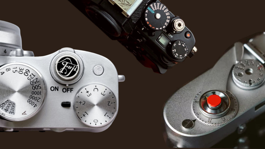 Camera shutter button compatibility guide showing Leica, Fujifilm, Nikon, and threaded shutter release cameras