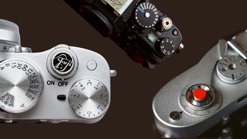 Camera shutter button compatibility guide showing Leica, Fujifilm, Nikon, and threaded shutter release cameras