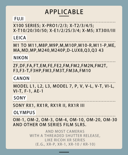 A black background compatibility chart listing camera brands and model ranges. Visible brands include FUJI, LEICA, NIKKON, CANON, SONY, and OLYMPUS, with text indicating applicable models for film SLRs and mirrorless cameras.