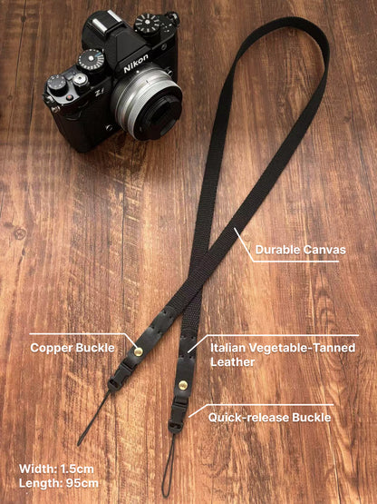 Canvas Camera Strap with Leather Connectors – 1.5cm Wide Slim Rope Style
