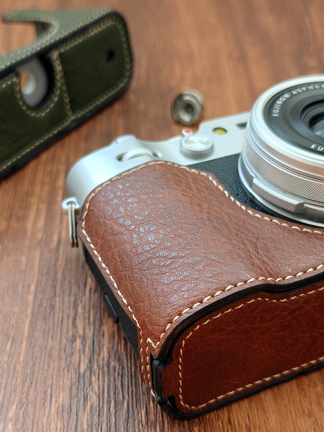 Brown leather camera case on Fujifilm X100vi camera 