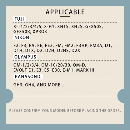 A beige informational graphic with rounded corners and teal side tabs, headed 'APPLICABLE' and listing compatible camera brands and model prefixes: FUJI, NIKON, OLYMPUS, and PANASONIC. Small camera icon illustrations appear beside each brand.