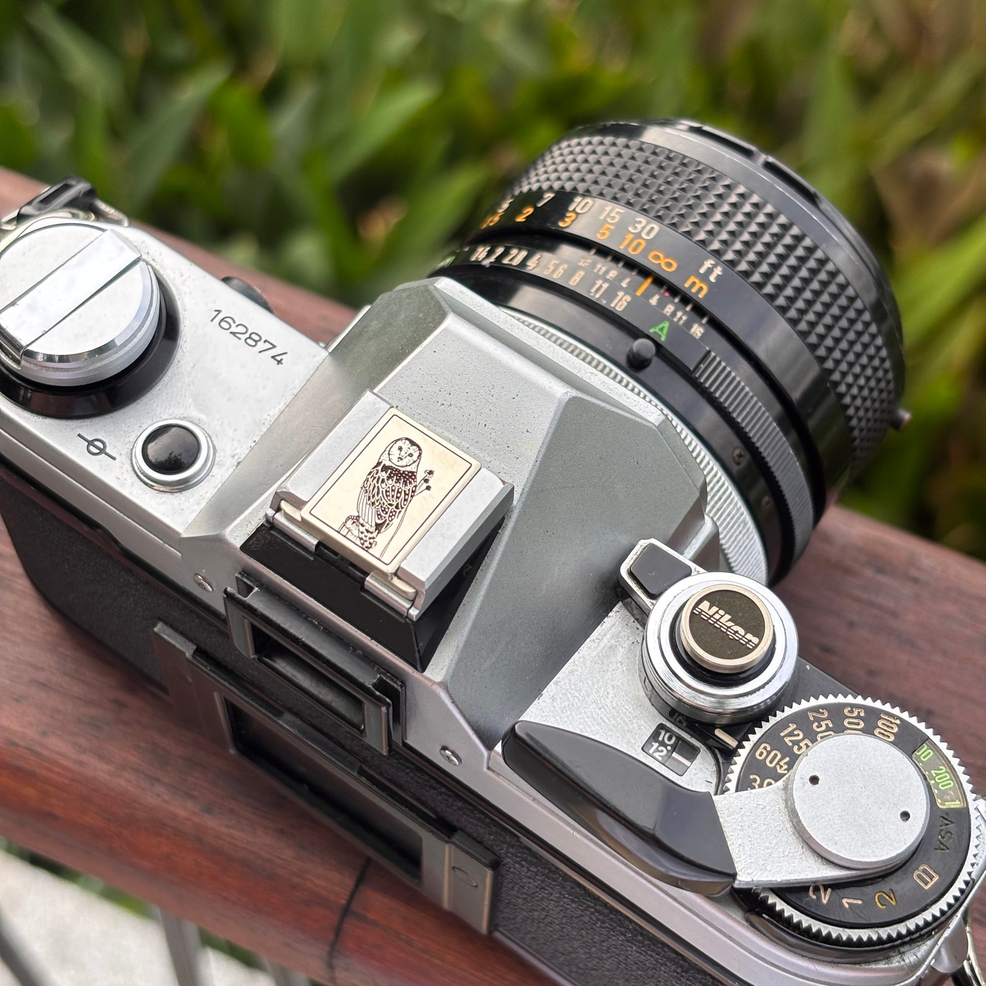 Silver brass hot shoe cover with owl engraving – photography gift