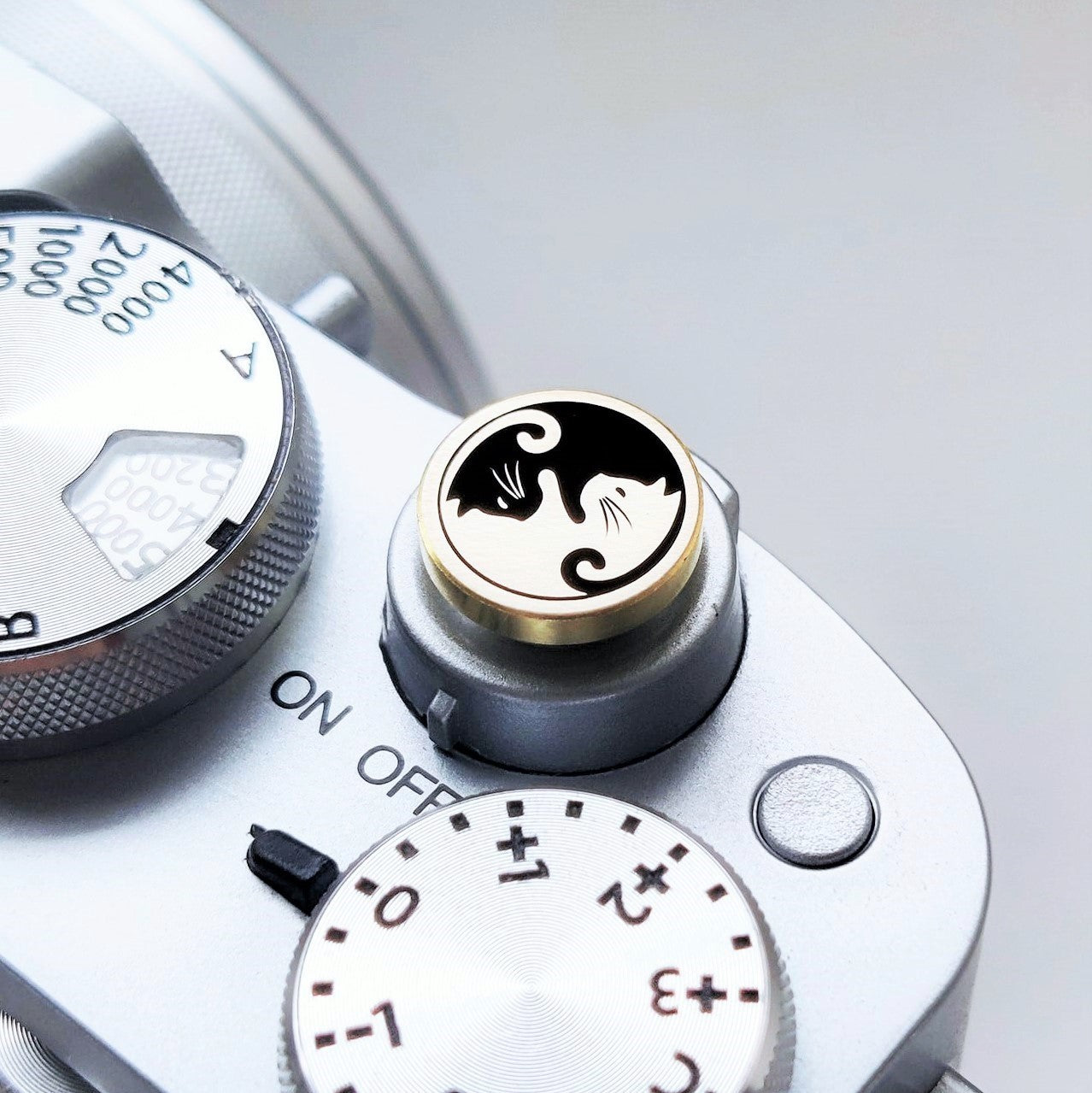 cat design brass shutter button close up detail