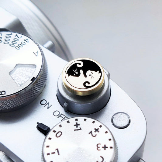 cat design brass shutter button close up detail
