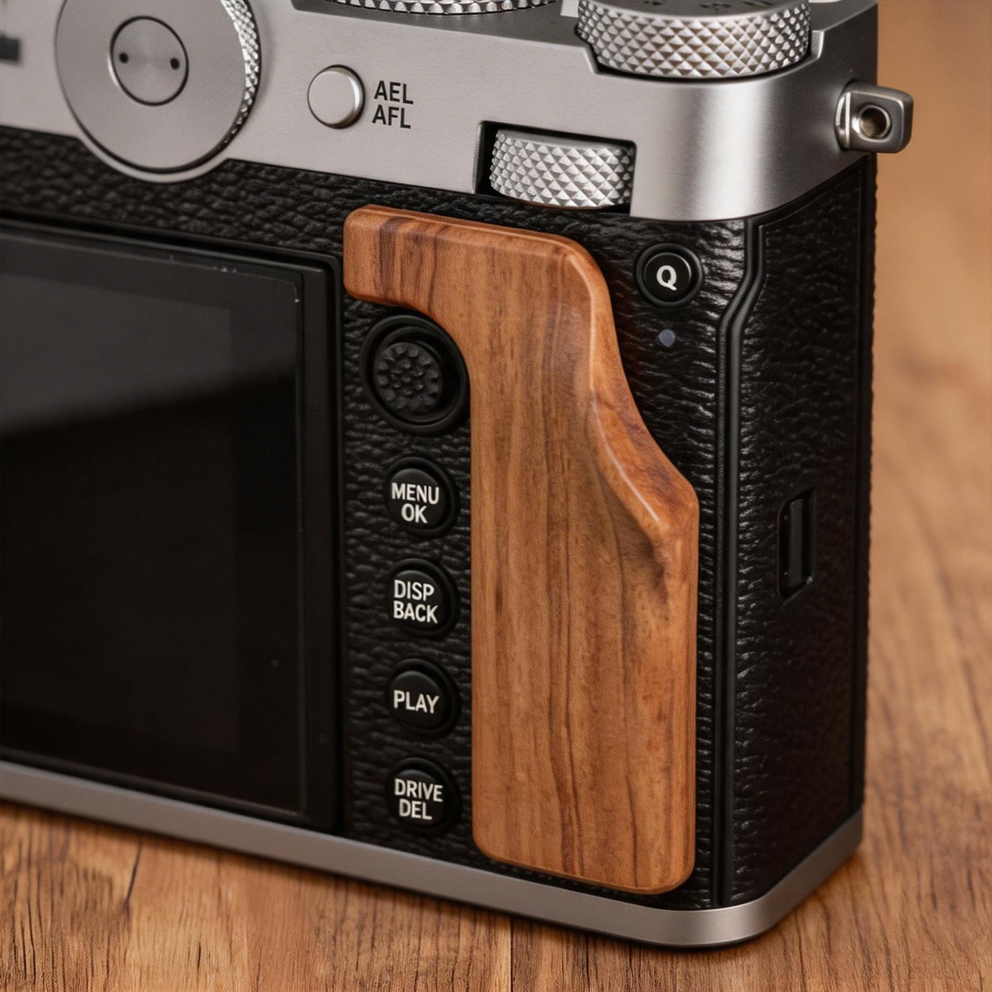 Close-up of the grip of a Fuji GFX100RF camera on a wooden surface.