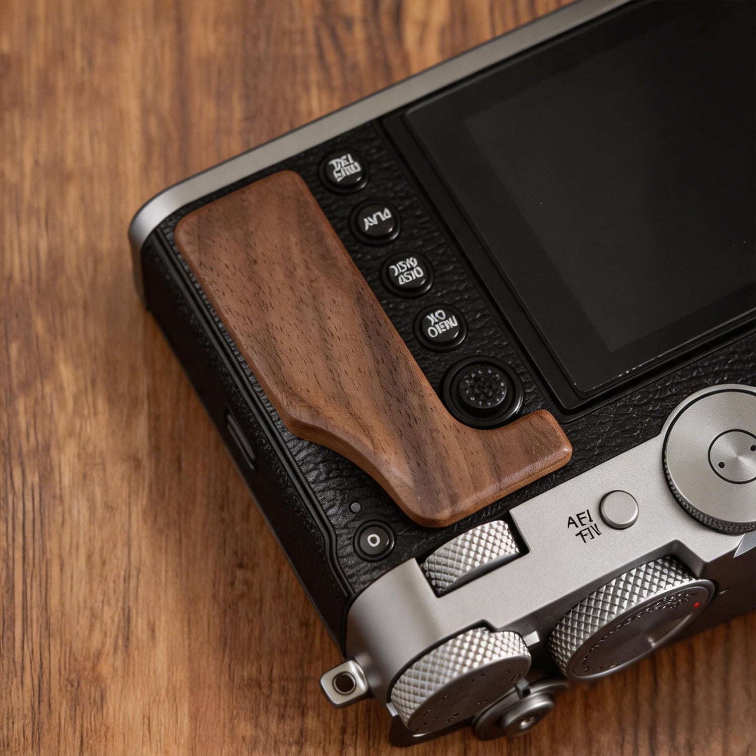 Close-up of a Fuji GFX100RF camera body with a dark brown wooden grip on the back.