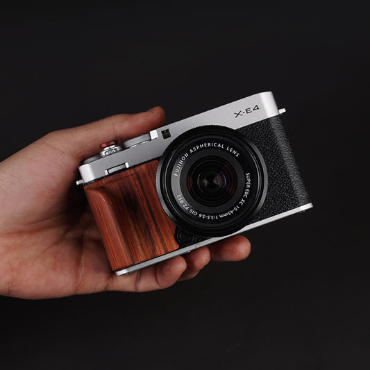 Wooden thumb grip for Fujifilm X-E4 – ergonomic camera accessory in rosewood finish
