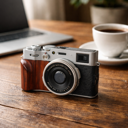 Fujifilm X100VI camera with a red wood grip on a wood table