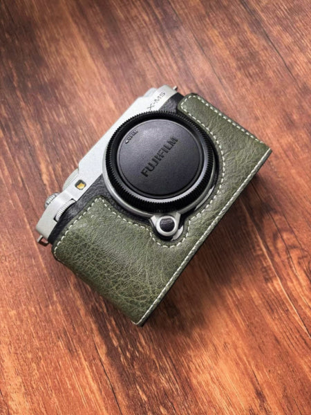 Fujifilm X-M5 camera with green leather half case