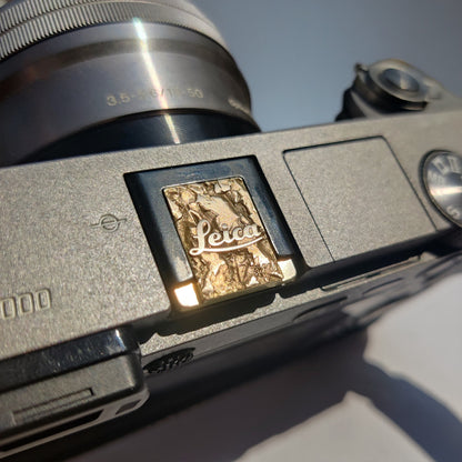 close-up of gold brass Leica camera hot shoe cover