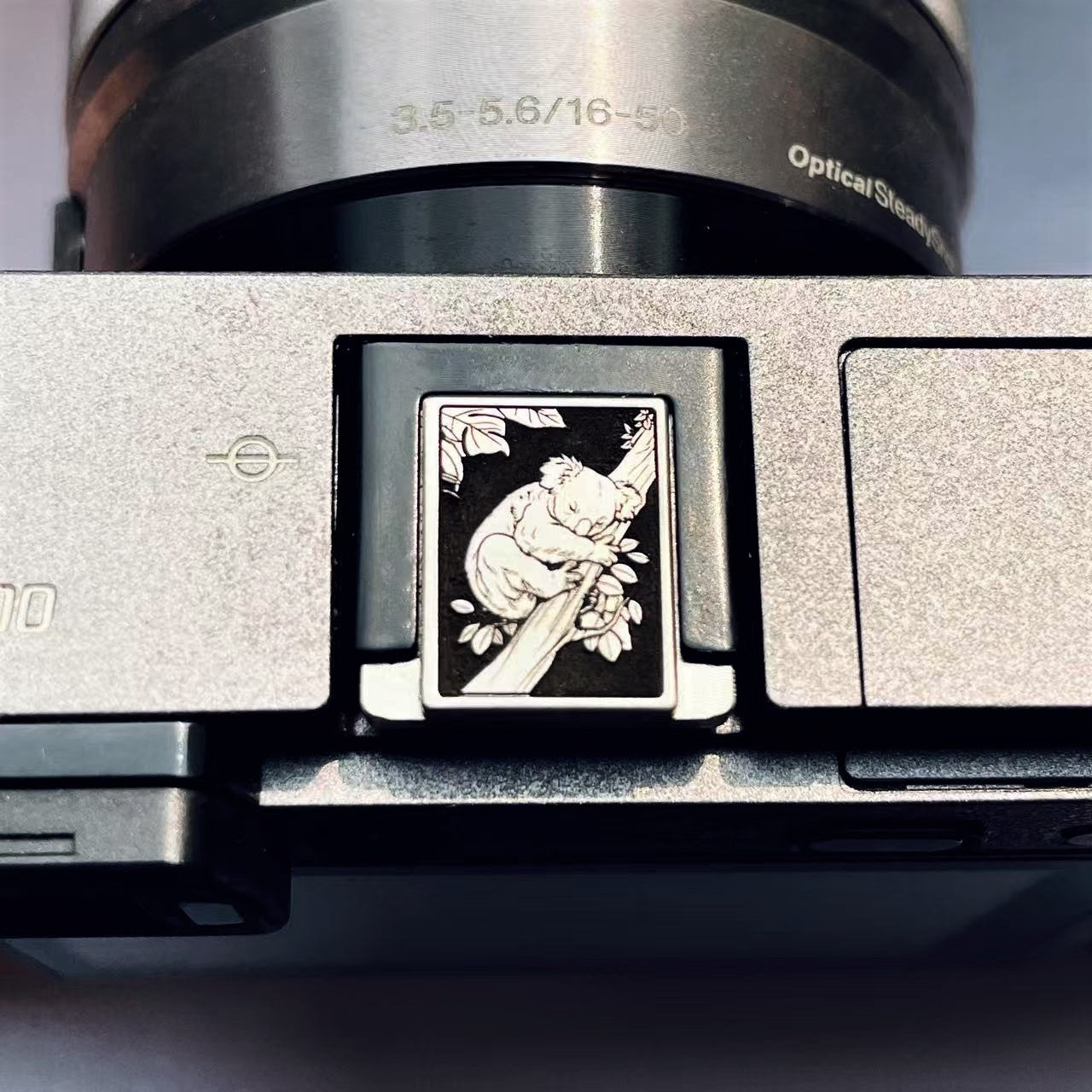 silver hot shoe cover with koala engraving on sony camera