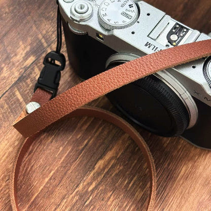 Litchi grain cowhide slim camera strap detail