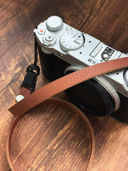 Litchi grain cowhide slim camera strap detail