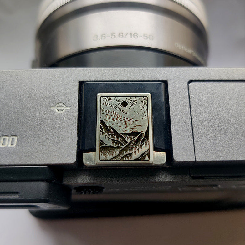 Custom Engraved Mountain Stream Silver Camera Hot Shoe Cover