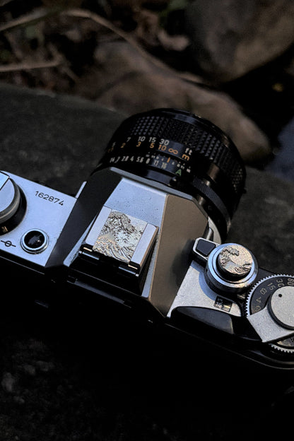 Close-up of a vintage camera sea wave hot shoe cover and shutter button