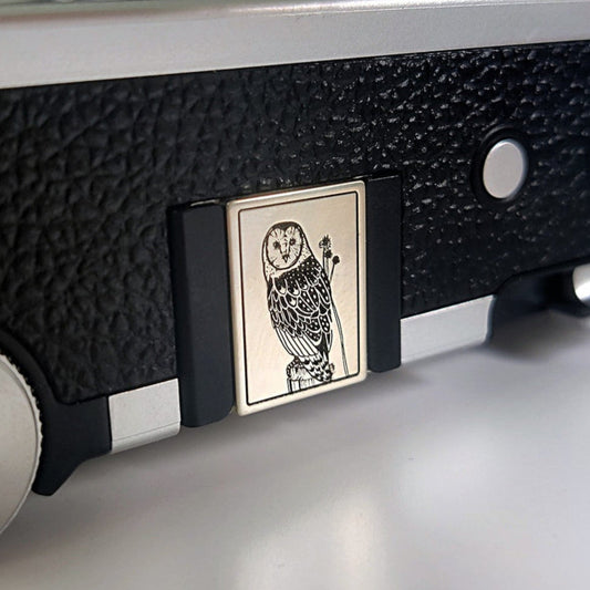 brass engraved owl hot shoe cover – wildlife camera accessory