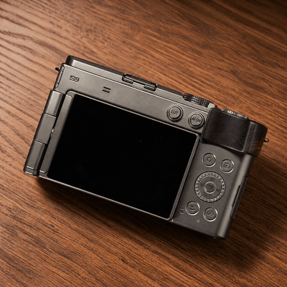 A Panasonic S9 camera with a black wood grip on white background