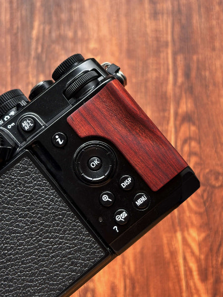 nikon zf camera red wood thumb grip detail