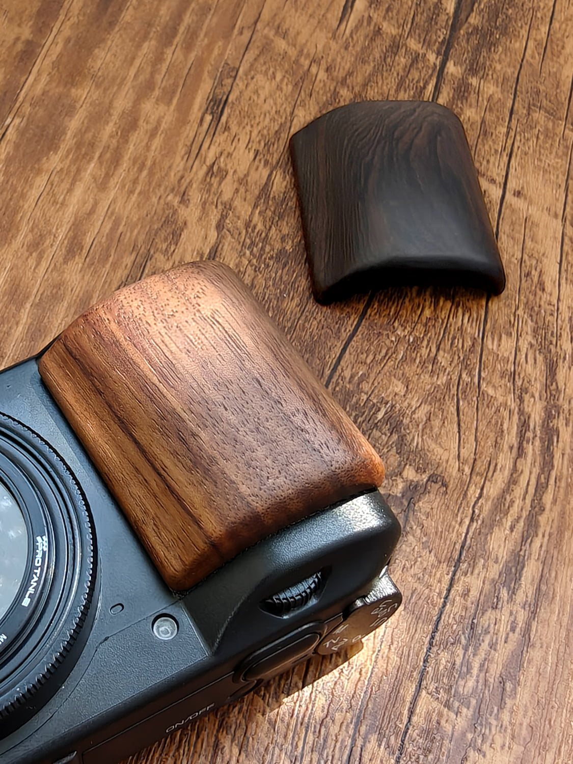 Walnut wooden camera grip for Ricoh GR III - right side detail view
