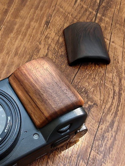 Walnut wooden camera grip for Ricoh GR III - right side detail view