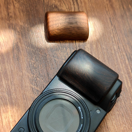 Premium wooden grip for Ricoh GR camera - top angle showing natural wood grain