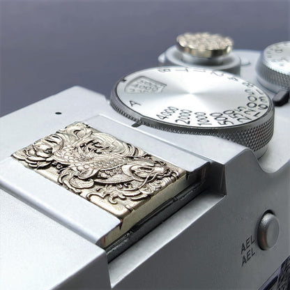 Arowana embossed hot shoe cover on fujifilm camera side view